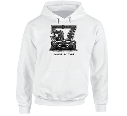 "Vintage Jaguar D-Type hoodie with bold 57 racing number and classic British sports car illustration"