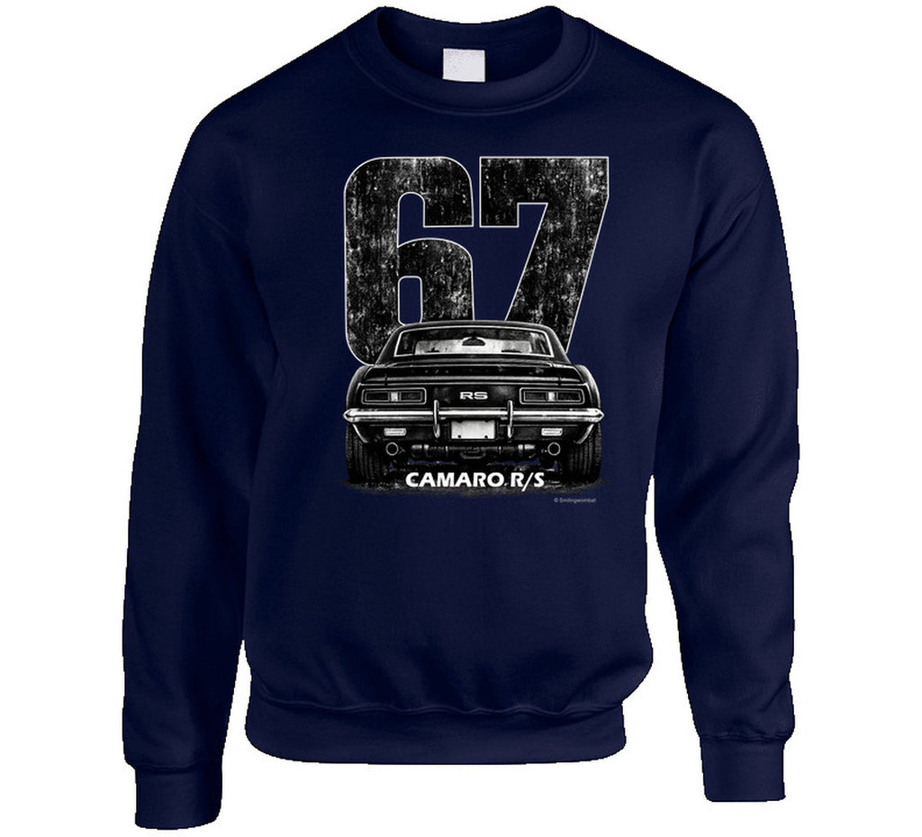"Classic 1967 Camaro R/S sweatshirt featuring distressed black and white muscle car artwork"