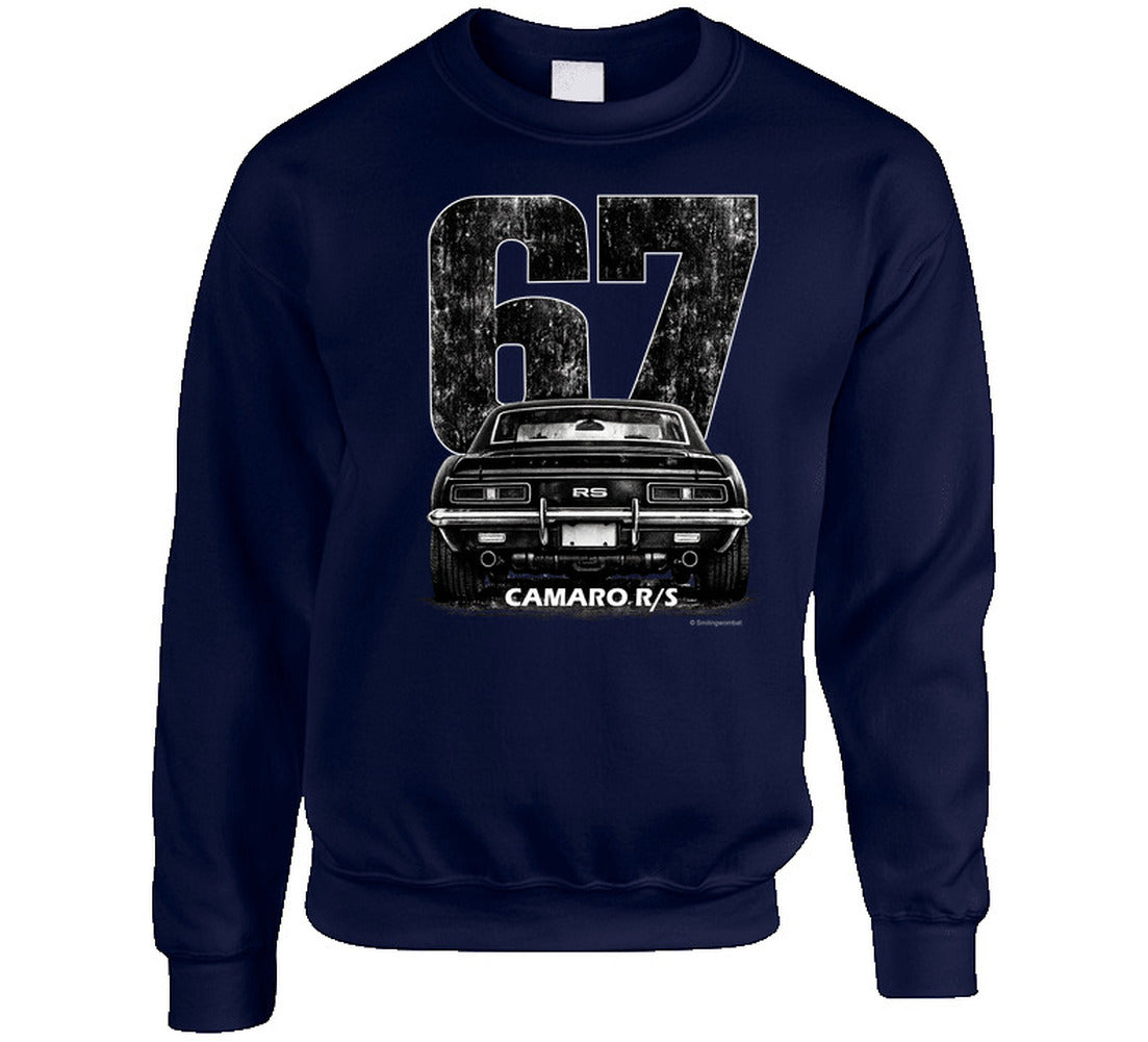 "Classic 1967 Camaro R/S sweatshirt featuring distressed black and white muscle car artwork"