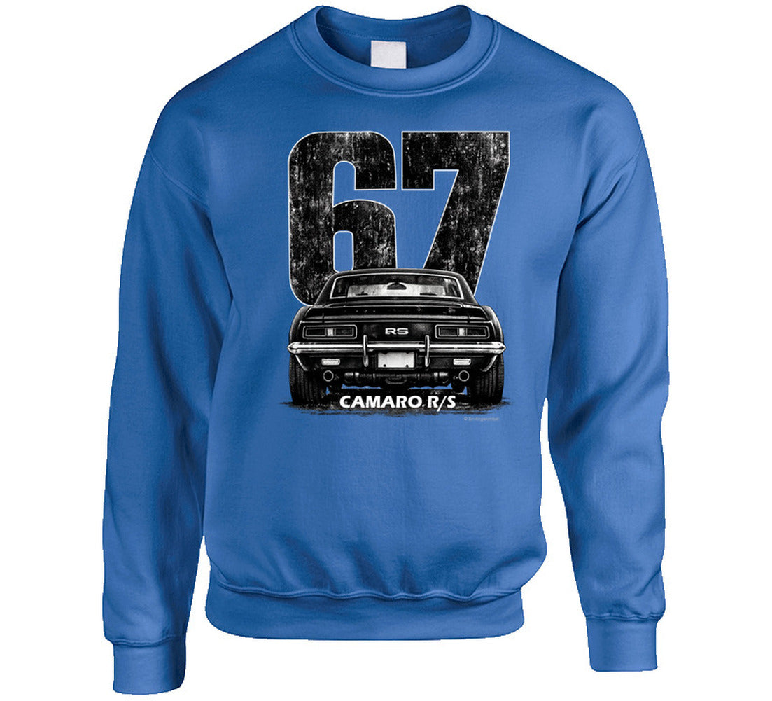 "Classic 1967 Camaro R/S sweatshirt featuring distressed black and white muscle car artwork"