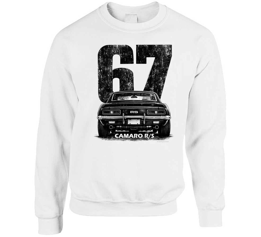 "Classic 1967 Camaro R/S sweatshirt featuring distressed black and white muscle car artwork"