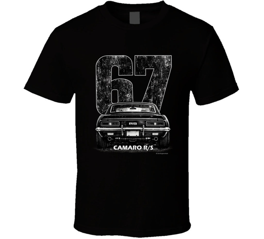 "1967 Camaro RS vintage t-shirt with distressed rear view graphic and retro number 67 design"