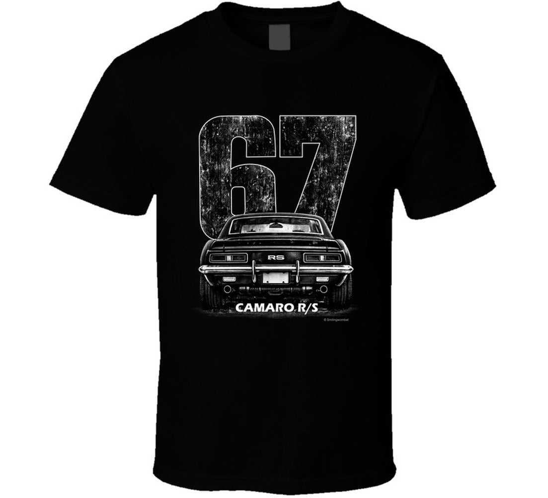 "1967 Camaro RS vintage t-shirt with distressed rear view graphic and retro number 67 design"