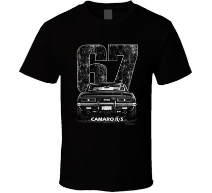 "1967 Camaro RS vintage t-shirt with distressed rear view graphic and retro number 67 design"