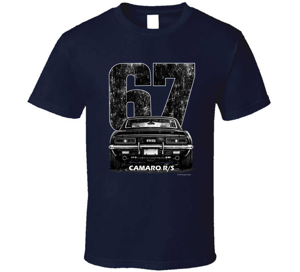 "1967 Camaro RS vintage t-shirt with distressed rear view graphic and retro number 67 design"