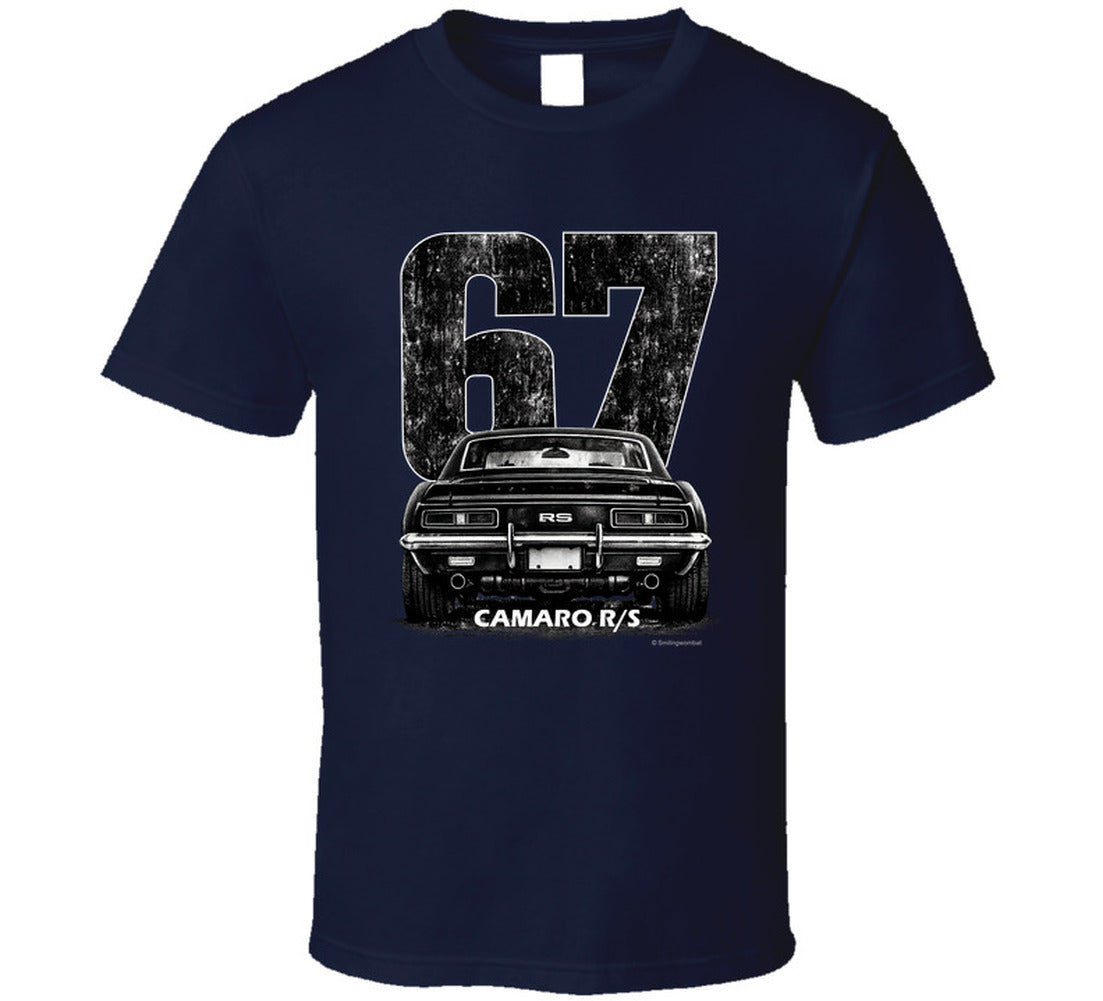"1967 Camaro RS vintage t-shirt with distressed rear view graphic and retro number 67 design"