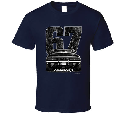 "1967 Camaro RS vintage t-shirt with distressed rear view graphic and retro number 67 design"