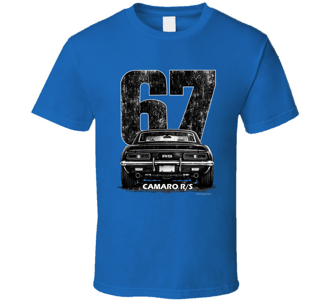 "1967 Camaro RS vintage t-shirt with distressed rear view graphic and retro number 67 design"