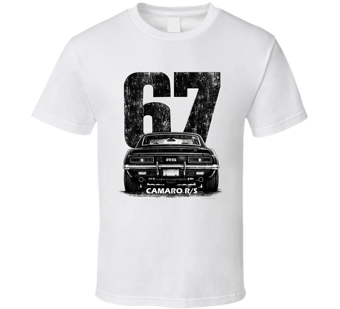 "1967 Camaro RS vintage t-shirt with distressed rear view graphic and retro number 67 design"