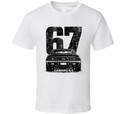 "1967 Camaro RS vintage t-shirt with distressed rear view graphic and retro number 67 design"