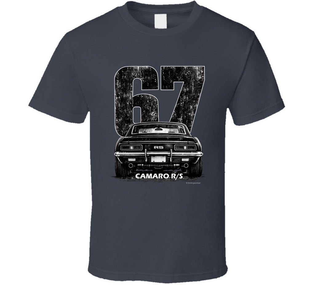 "1967 Camaro RS vintage t-shirt with distressed rear view graphic and retro number 67 design"