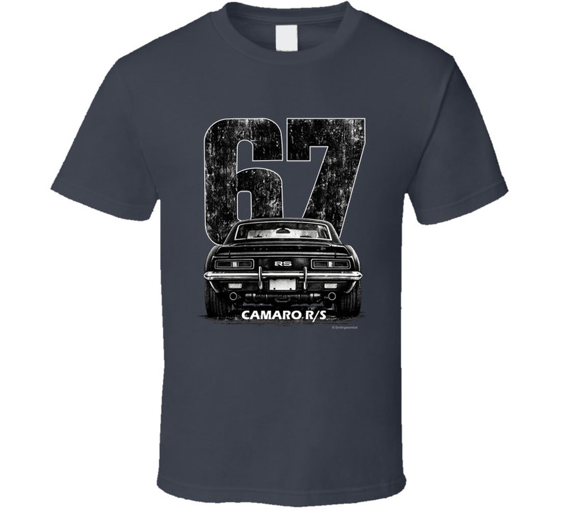 "1967 Camaro RS vintage t-shirt with distressed rear view graphic and retro number 67 design"