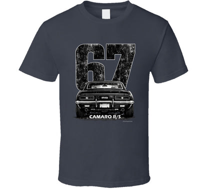 "1967 Camaro RS vintage t-shirt with distressed rear view graphic and retro number 67 design"
