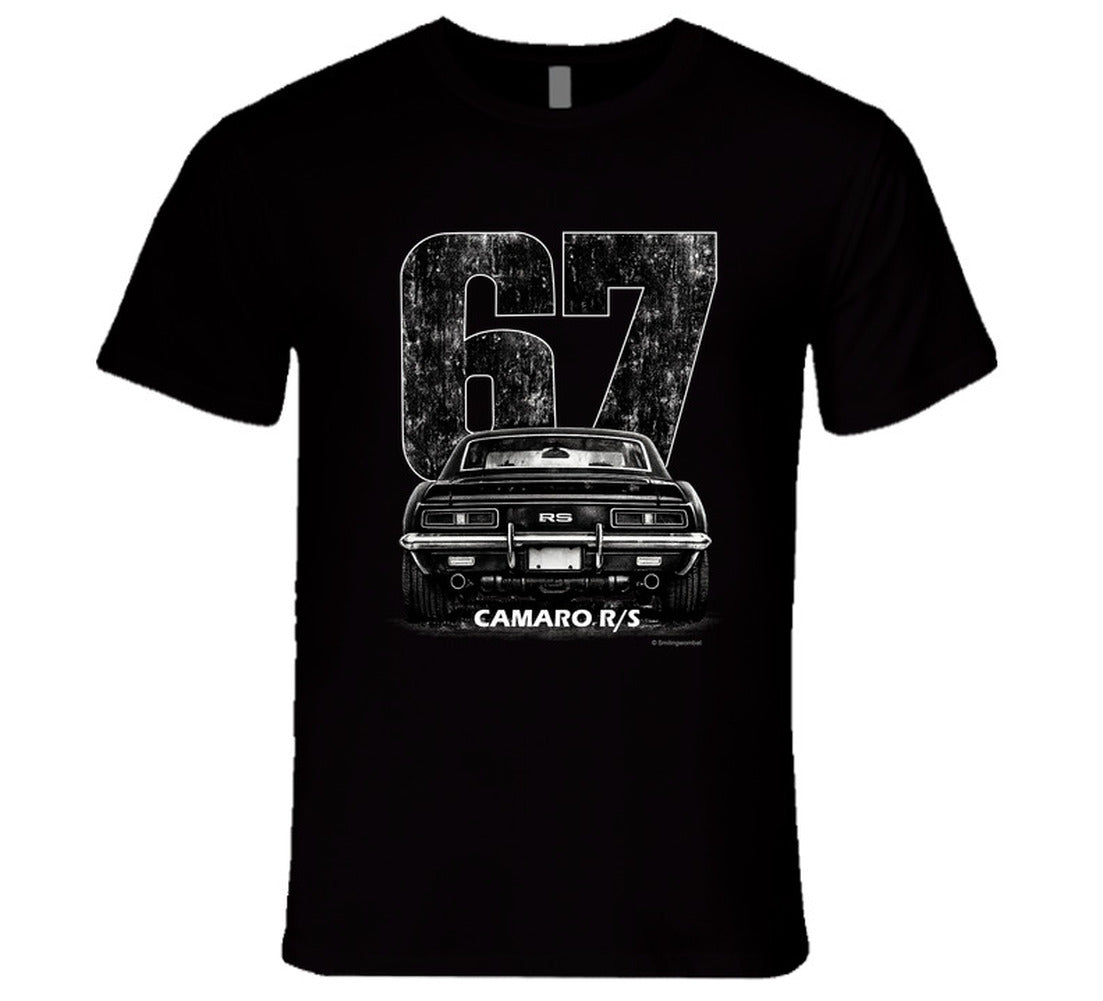 "1967 Camaro RS vintage t-shirt with distressed rear view graphic and retro number 67 design"
