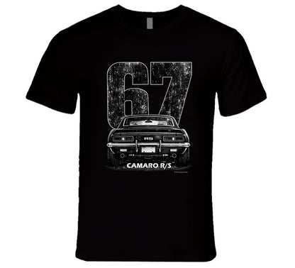 "1967 Camaro RS vintage t-shirt with distressed rear view graphic and retro number 67 design"