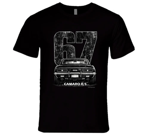 "1967 Camaro RS vintage t-shirt with distressed rear view graphic and retro number 67 design"