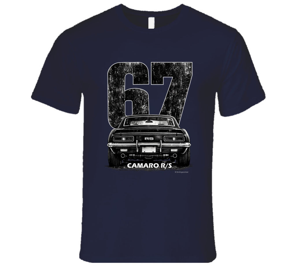 "1967 Camaro RS vintage t-shirt with distressed rear view graphic and retro number 67 design"