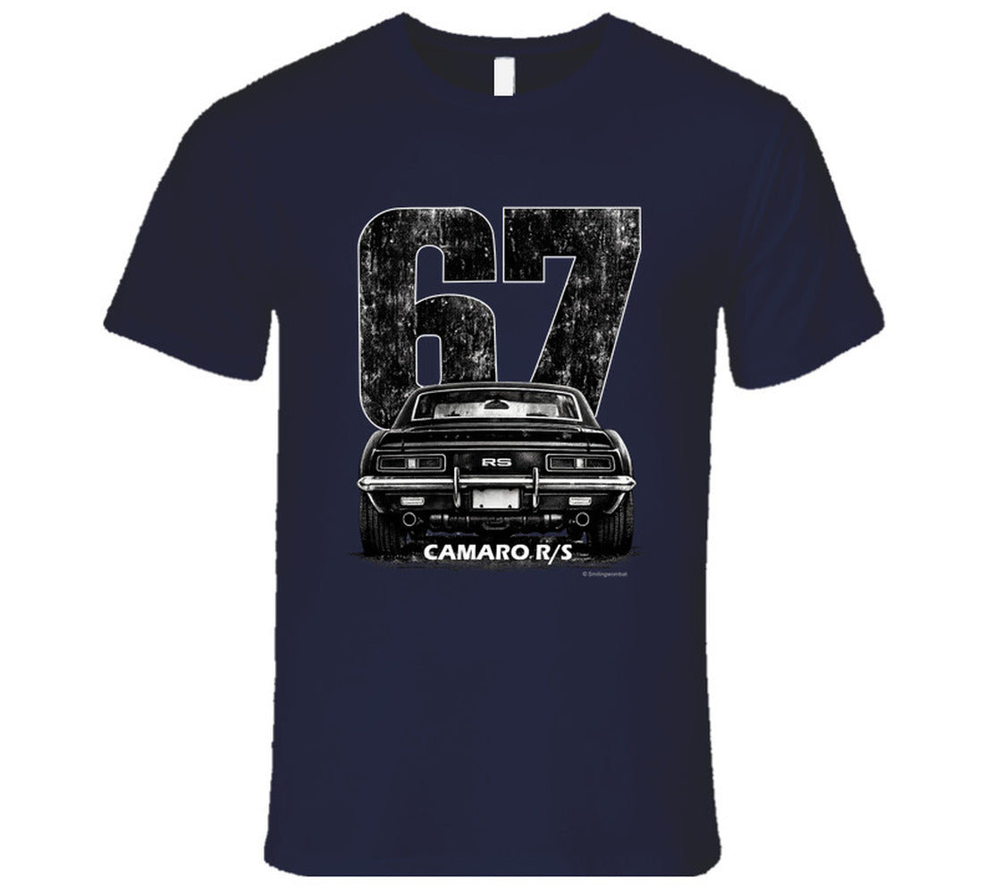"1967 Camaro RS vintage t-shirt with distressed rear view graphic and retro number 67 design"