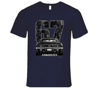 "1967 Camaro RS vintage t-shirt with distressed rear view graphic and retro number 67 design"