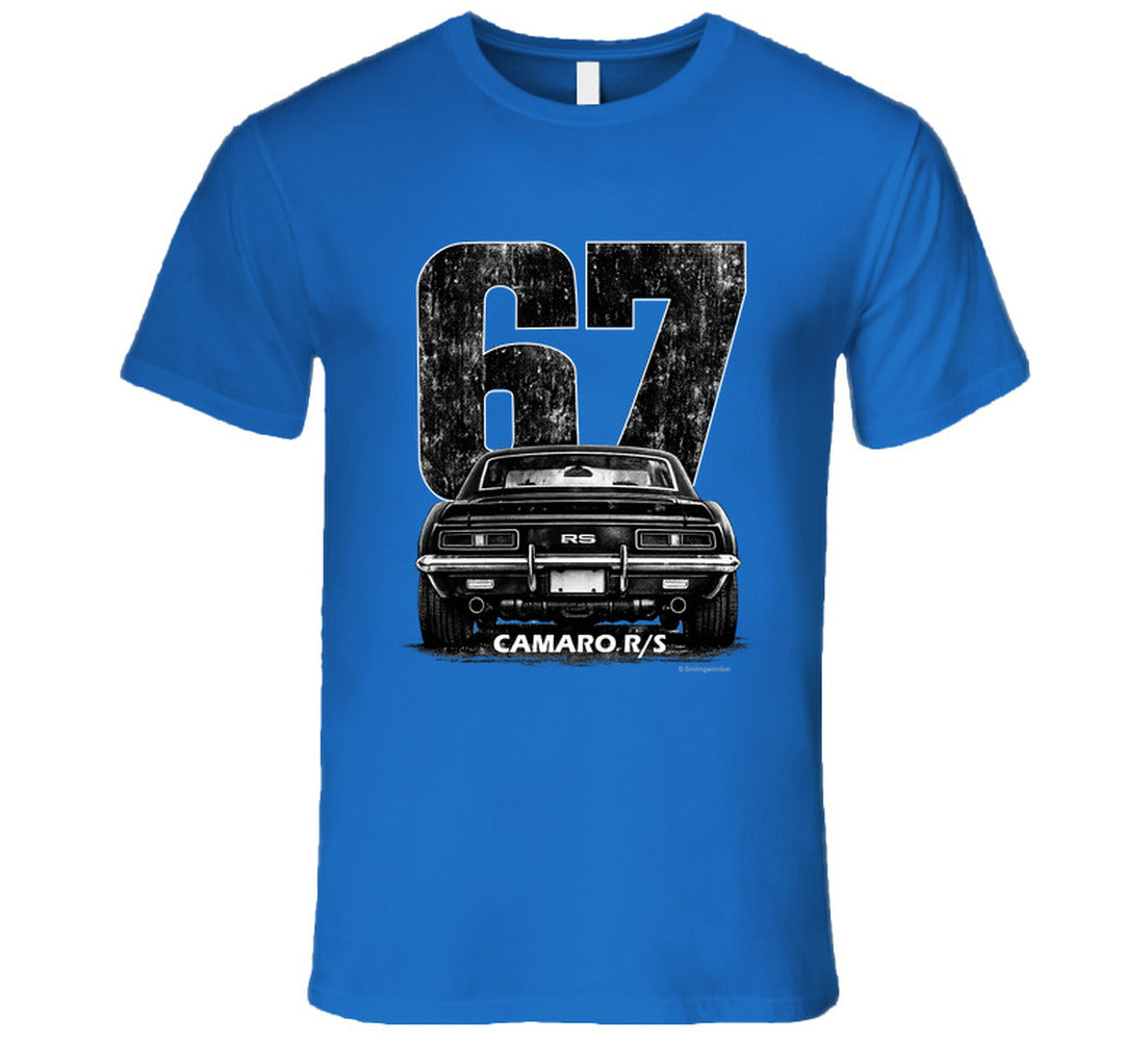 "1967 Camaro RS vintage t-shirt with distressed rear view graphic and retro number 67 design"