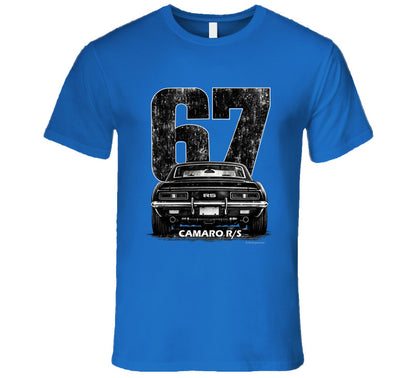 "1967 Camaro RS vintage t-shirt with distressed rear view graphic and retro number 67 design"
