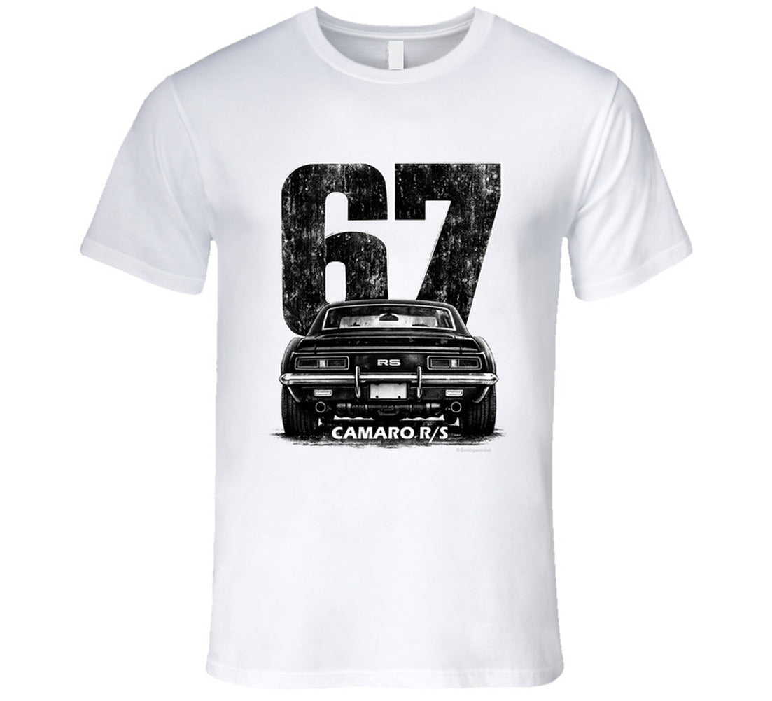 "1967 Camaro RS vintage t-shirt with distressed rear view graphic and retro number 67 design"