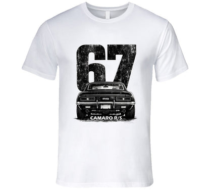 "1967 Camaro RS vintage t-shirt with distressed rear view graphic and retro number 67 design"
