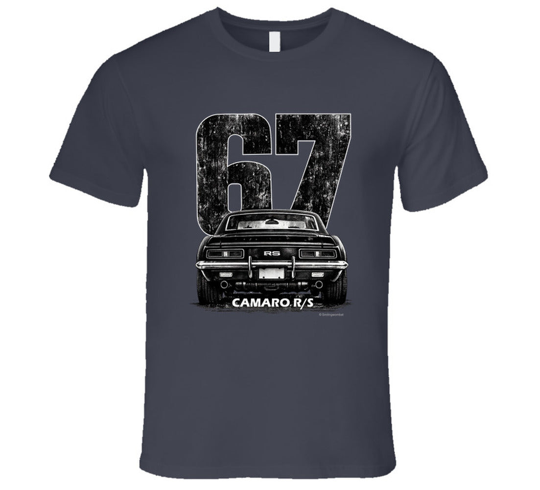 "1967 Camaro RS vintage t-shirt with distressed rear view graphic and retro number 67 design"