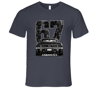 "1967 Camaro RS vintage t-shirt with distressed rear view graphic and retro number 67 design"