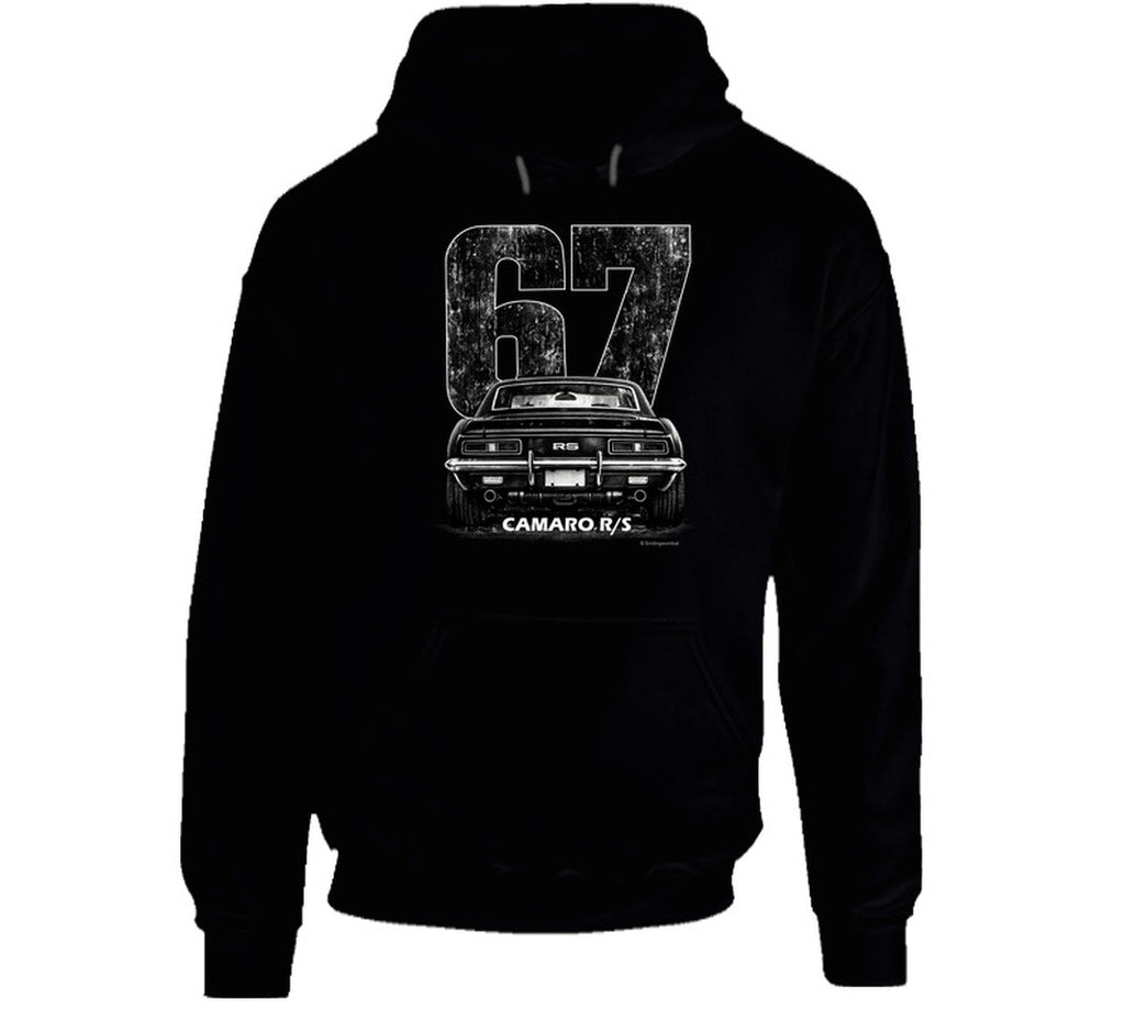 "Vintage 67 Camaro RS hoodie with retro automotive graphic and distressed styling"