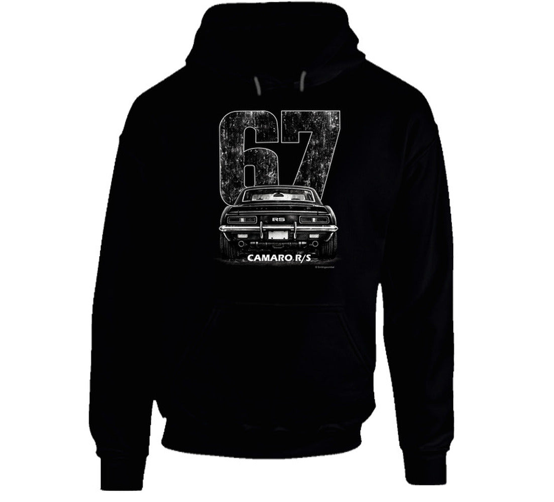 "Vintage 67 Camaro RS hoodie with retro automotive graphic and distressed styling"