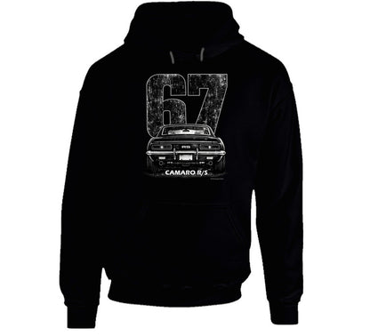 "Vintage 67 Camaro RS hoodie with retro automotive graphic and distressed styling"