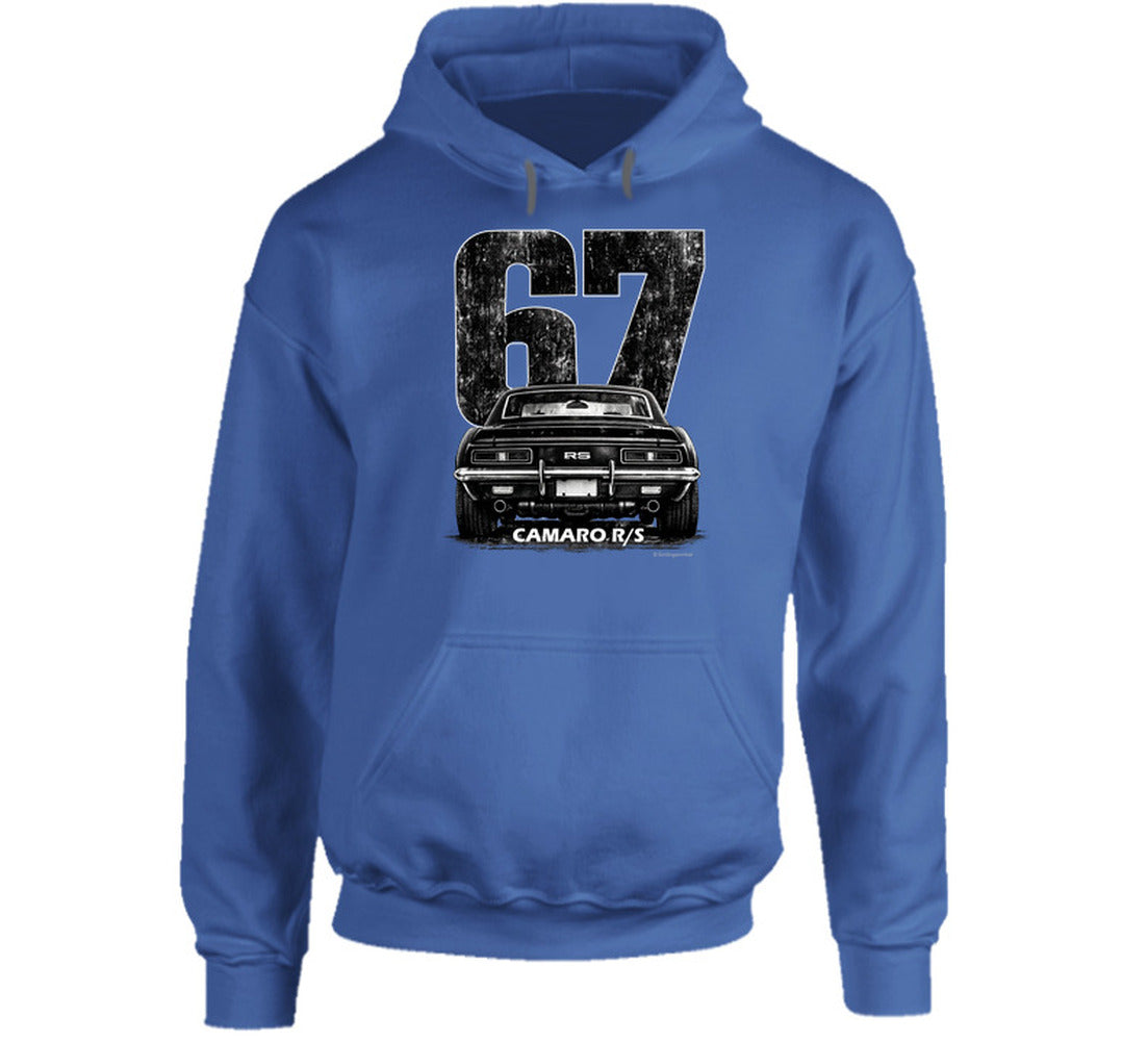 "Vintage 67 Camaro RS hoodie with retro automotive graphic and distressed styling"