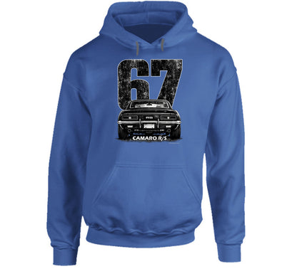 "Vintage 67 Camaro RS hoodie with retro automotive graphic and distressed styling"