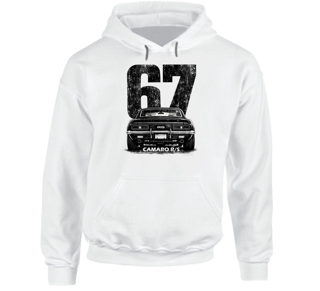"Vintage 67 Camaro RS hoodie with retro automotive graphic and distressed styling"