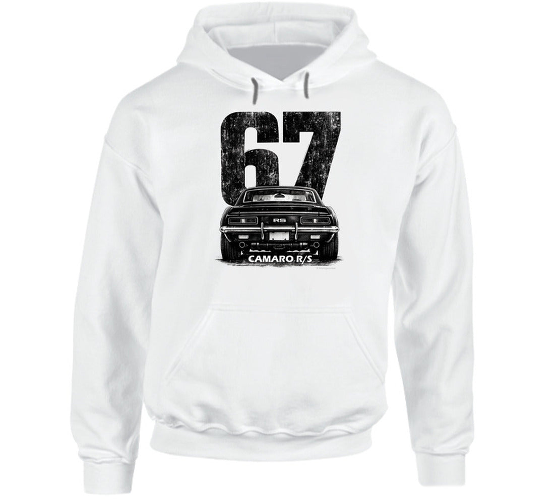"Vintage 67 Camaro RS hoodie with retro automotive graphic and distressed styling"