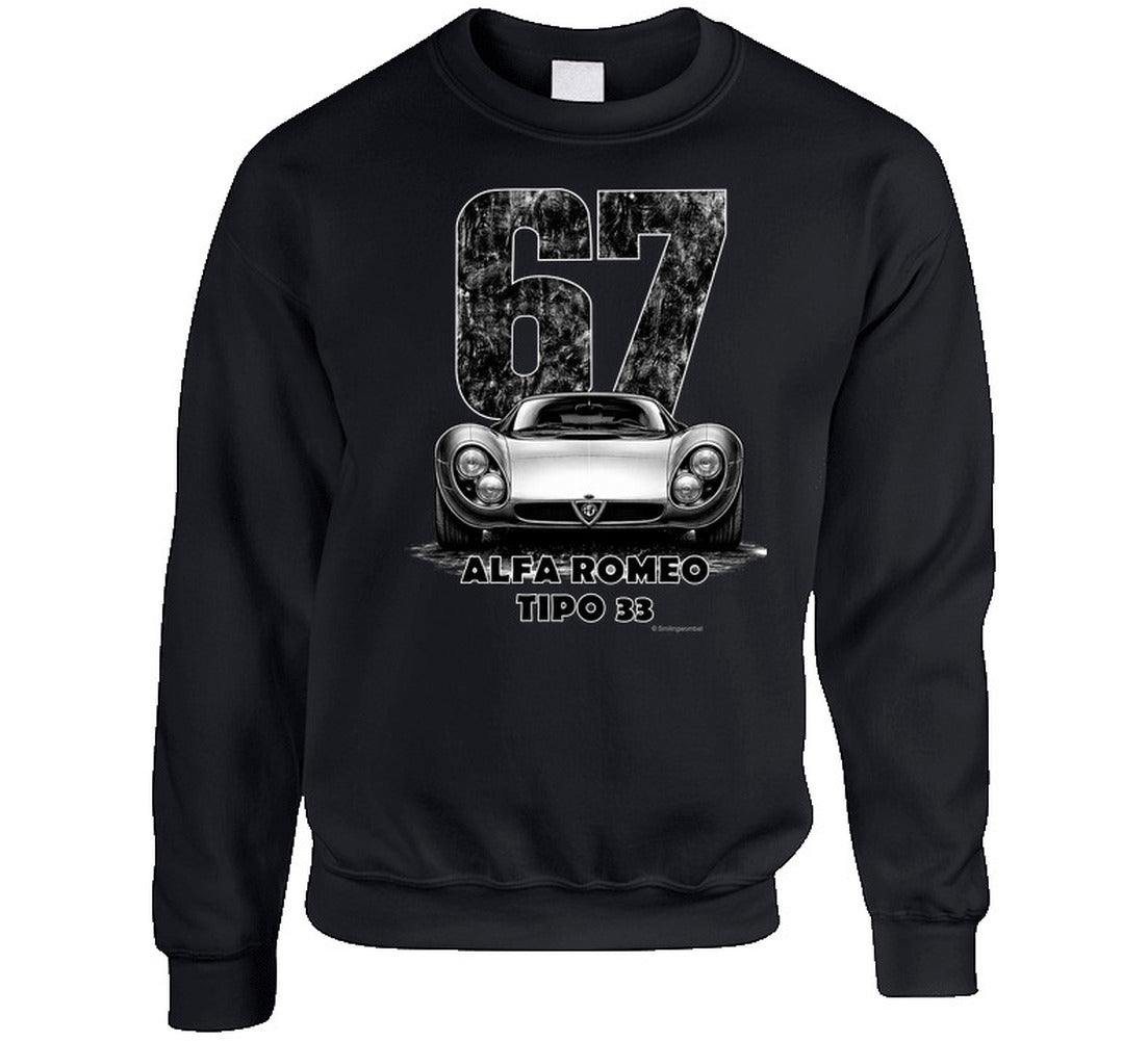 "Retro Alfa Romeo Tipo 33 sweatshirt featuring classic 1967 racing design with weathered typography"