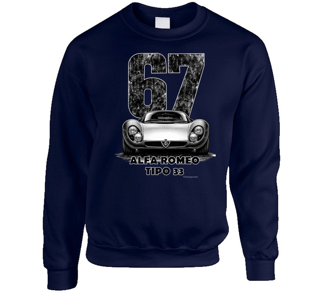  "Retro Alfa Romeo Tipo 33 sweatshirt featuring classic 1967 racing design with weathered typography"