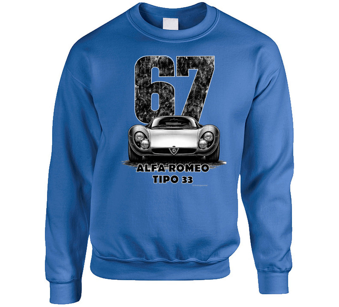  "Retro Alfa Romeo Tipo 33 sweatshirt featuring classic 1967 racing design with weathered typography"