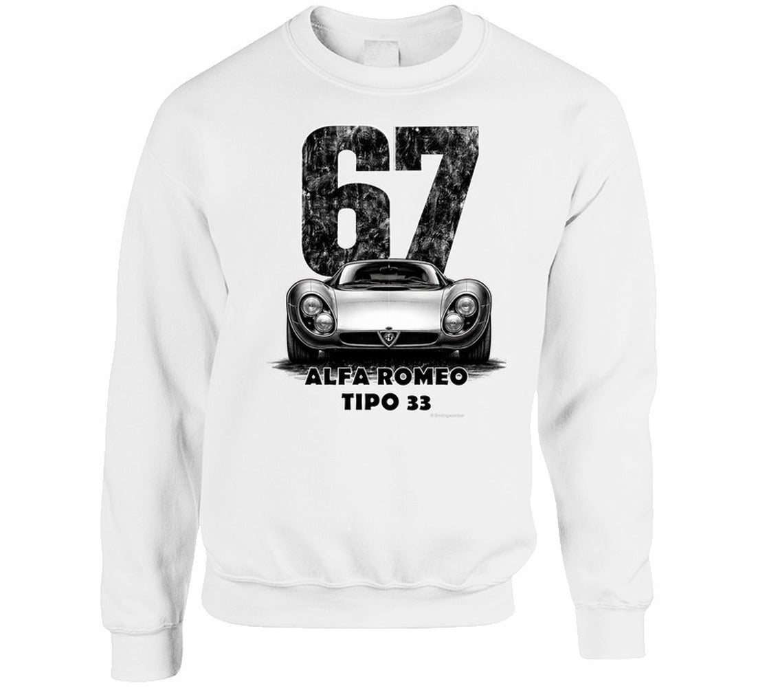  "Retro Alfa Romeo Tipo 33 sweatshirt featuring classic 1967 racing design with weathered typography"