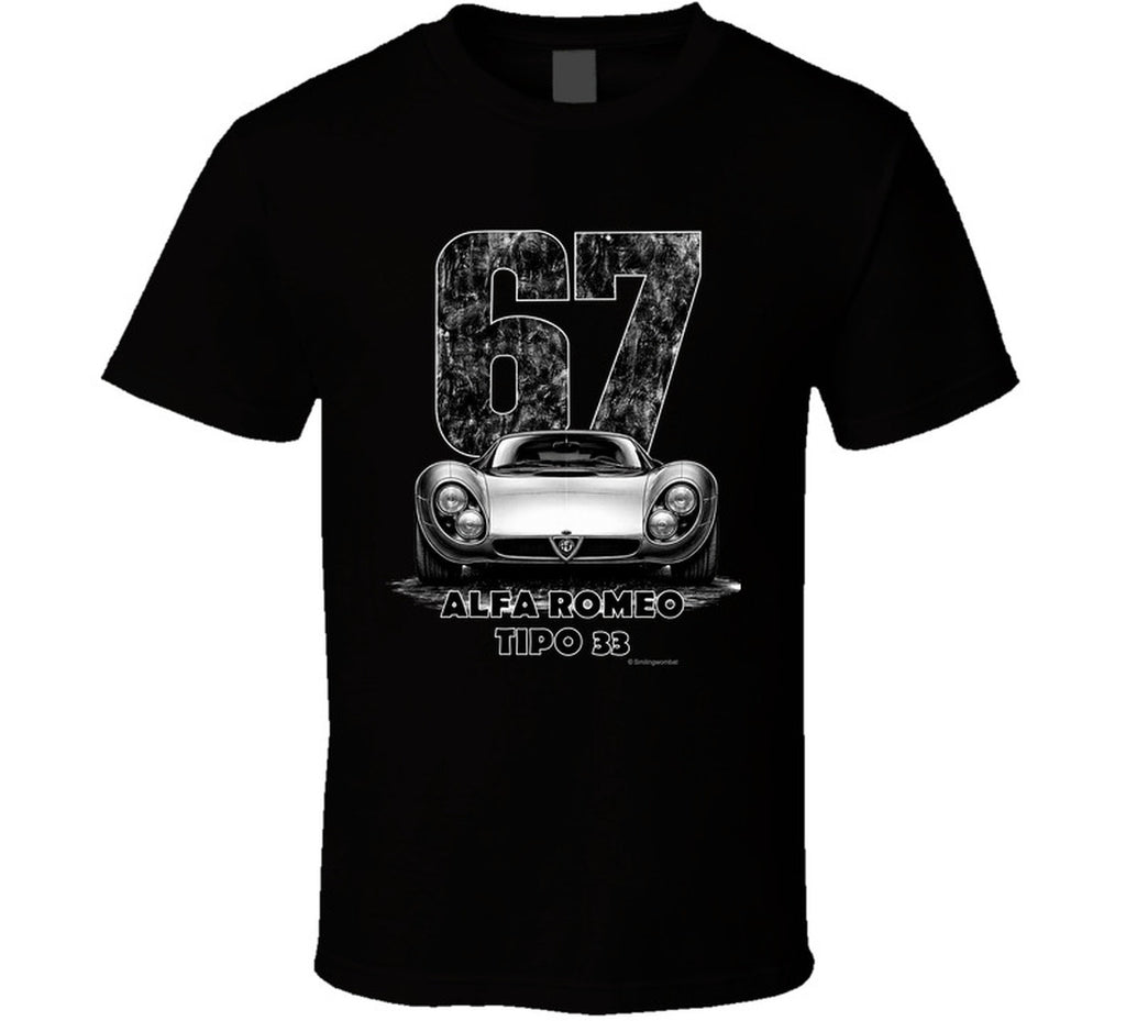"Vintage 1967 Alfa Romeo Tipo 33 race car t-shirt with distressed number 67 graphic on white"