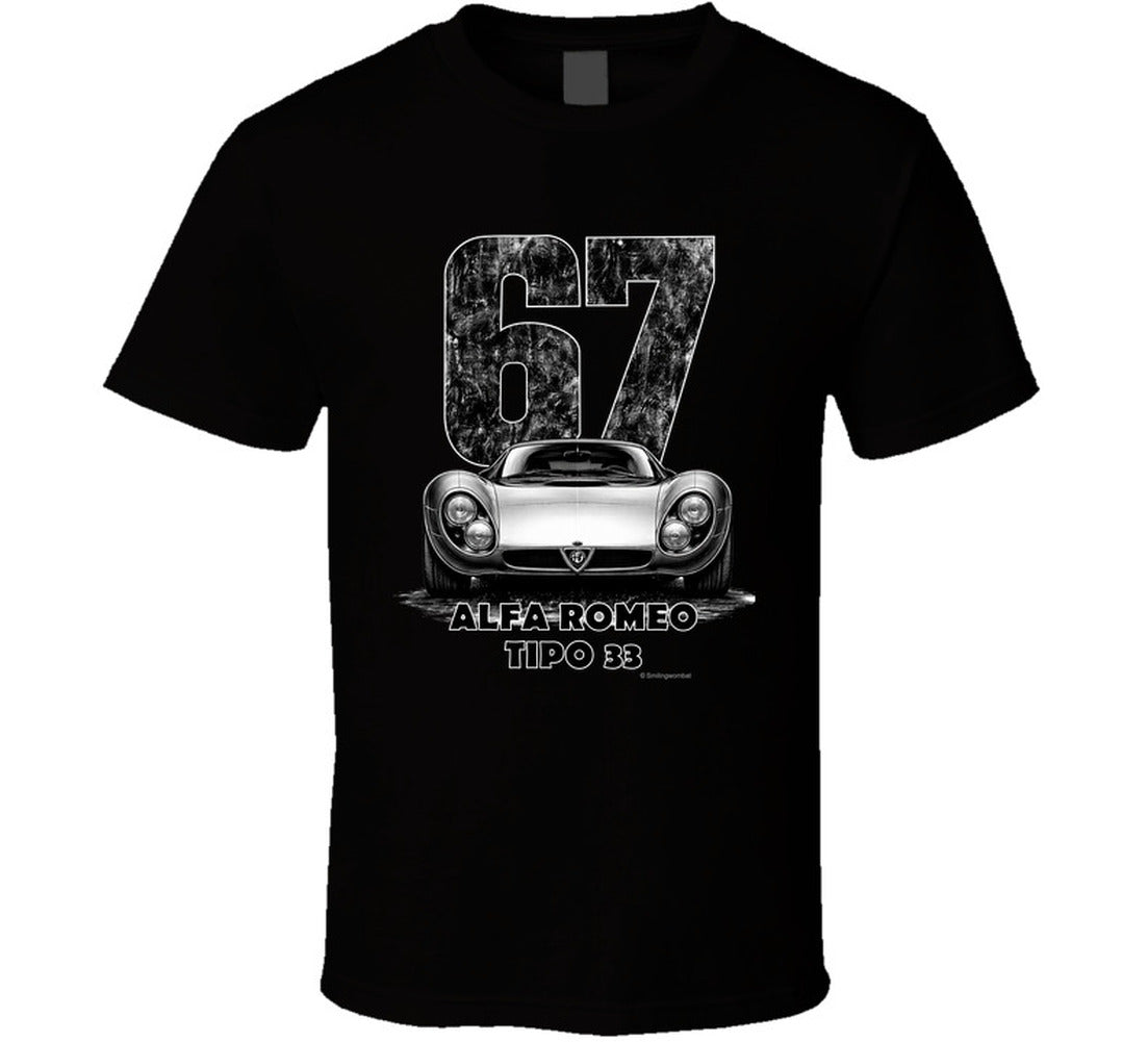 "Vintage 1967 Alfa Romeo Tipo 33 race car t-shirt with distressed number 67 graphic on white"