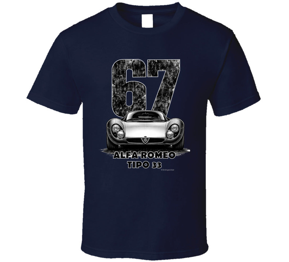 "Vintage 1967 Alfa Romeo Tipo 33 race car t-shirt with distressed number 67 graphic on white"