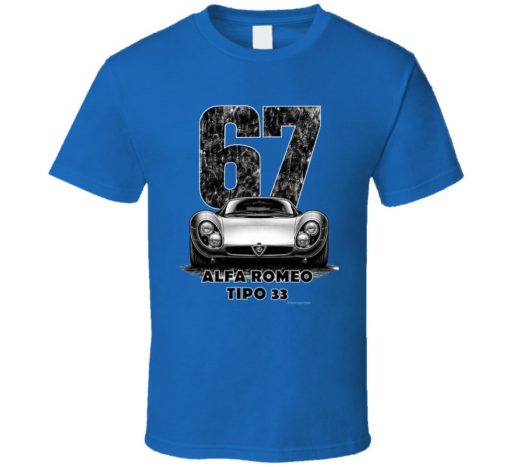 "Vintage 1967 Alfa Romeo Tipo 33 race car t-shirt with distressed number 67 graphic on white"