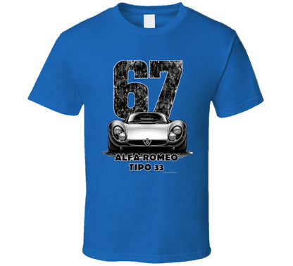 "Vintage 1967 Alfa Romeo Tipo 33 race car t-shirt with distressed number 67 graphic on white"