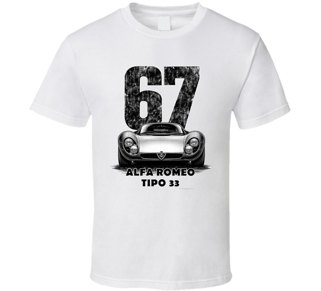 "Vintage 1967 Alfa Romeo Tipo 33 race car t-shirt with distressed number 67 graphic on white"
