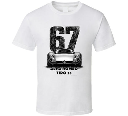 "Vintage 1967 Alfa Romeo Tipo 33 race car t-shirt with distressed number 67 graphic on white"
