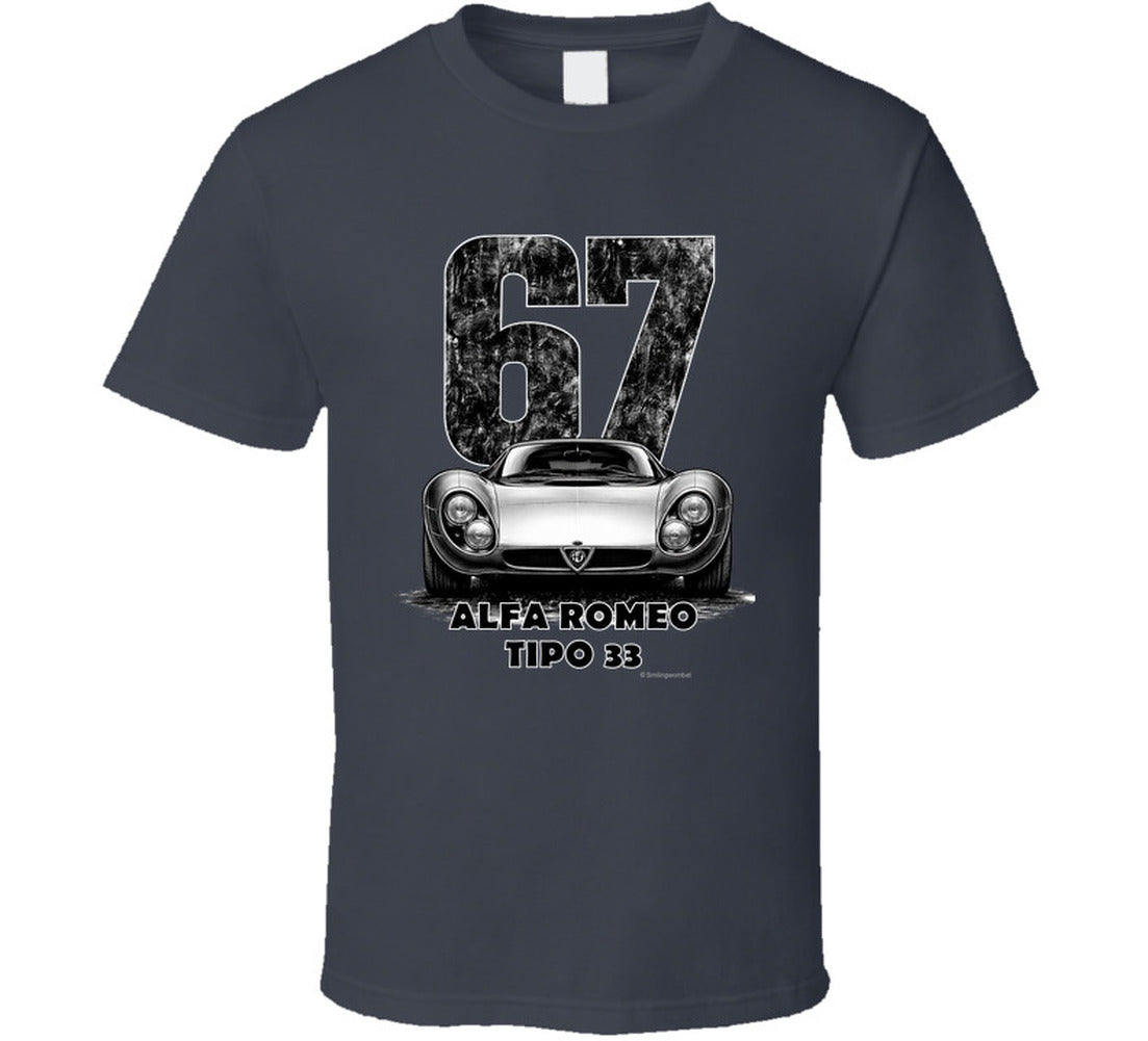 "Vintage 1967 Alfa Romeo Tipo 33 race car t-shirt with distressed number 67 graphic on white"