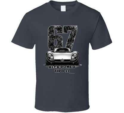 "Vintage 1967 Alfa Romeo Tipo 33 race car t-shirt with distressed number 67 graphic on white"