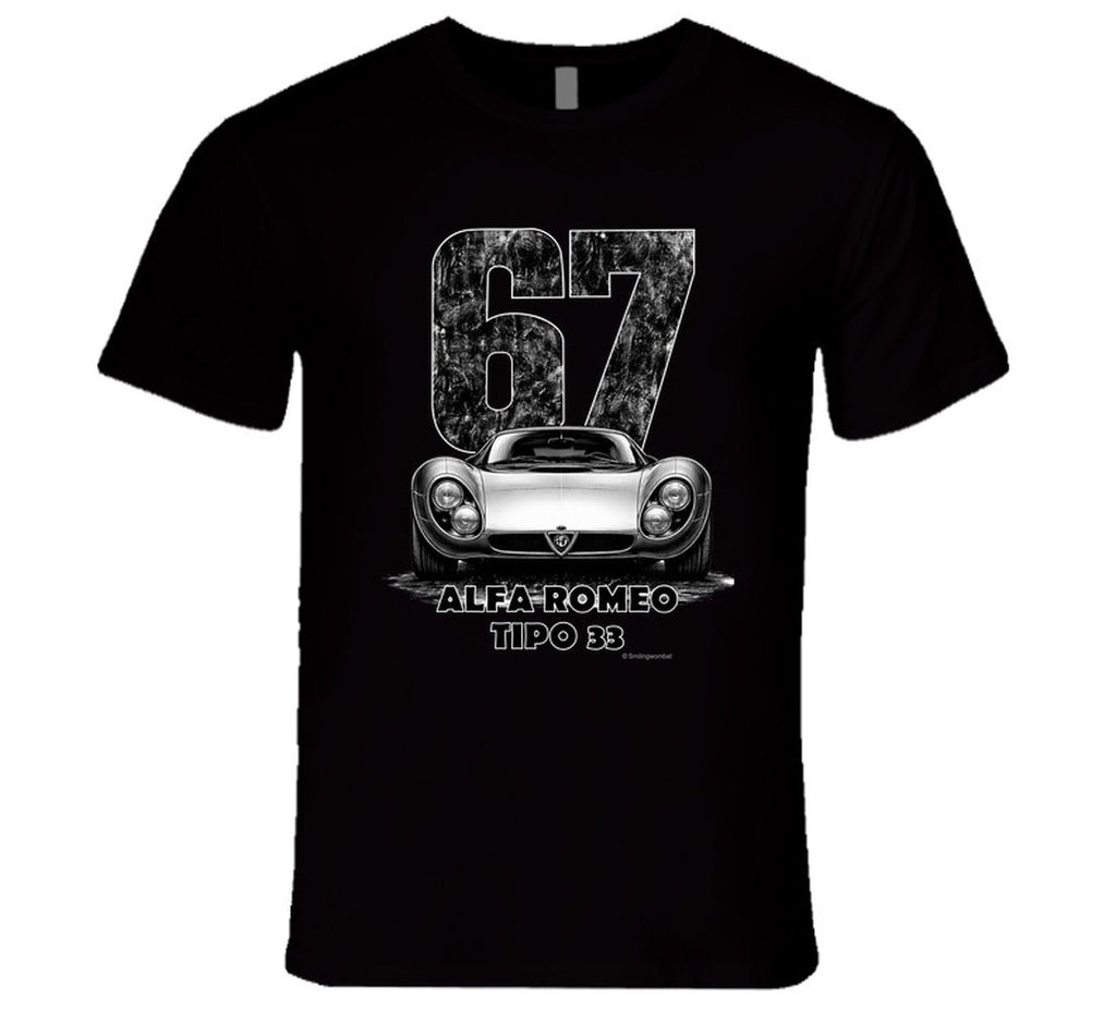 "Vintage 1967 Alfa Romeo Tipo 33 race car t-shirt with distressed number 67 graphic on white"